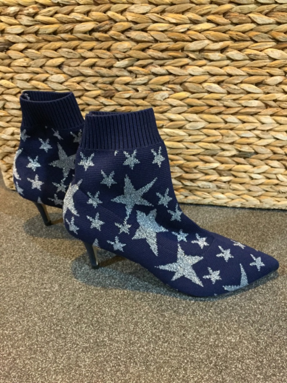 Neiman Marcus Navy Knit Star Sock Booties w/ Metallic Silver Stars - Picture 7 of 9